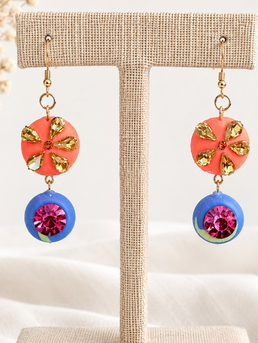 Zara Coral and Blue Drop Earrings with Pink Crystal